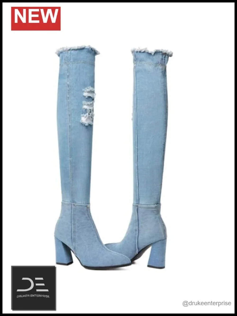 Women's Denim Over the Knee Boots, 8.5cm Block Heel, Cutout Pointed Toe, Side